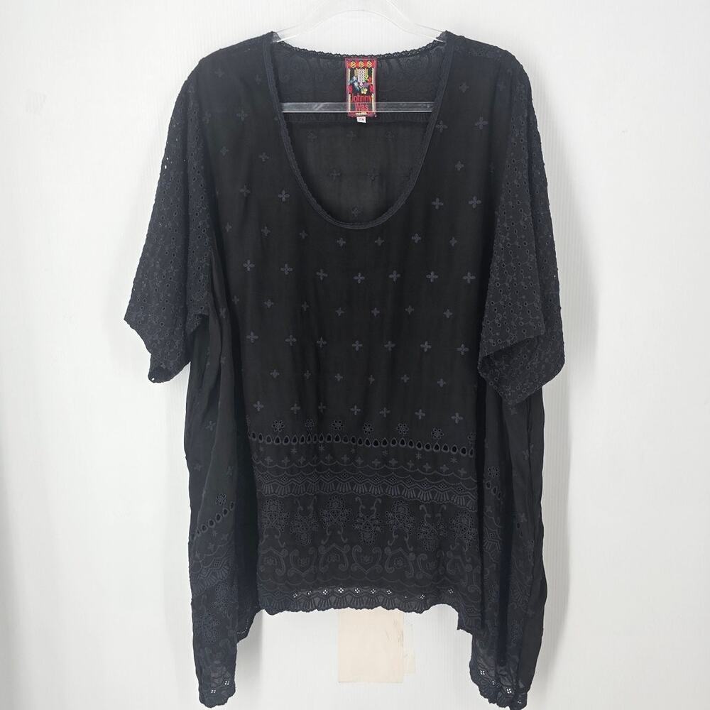 Johnny Was Black Eyelet Embroidered Semi Sheer Asymmetrical Tunic Top Size 2X